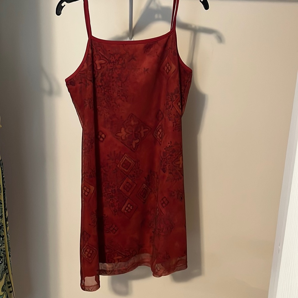 Red sheer lined dress.